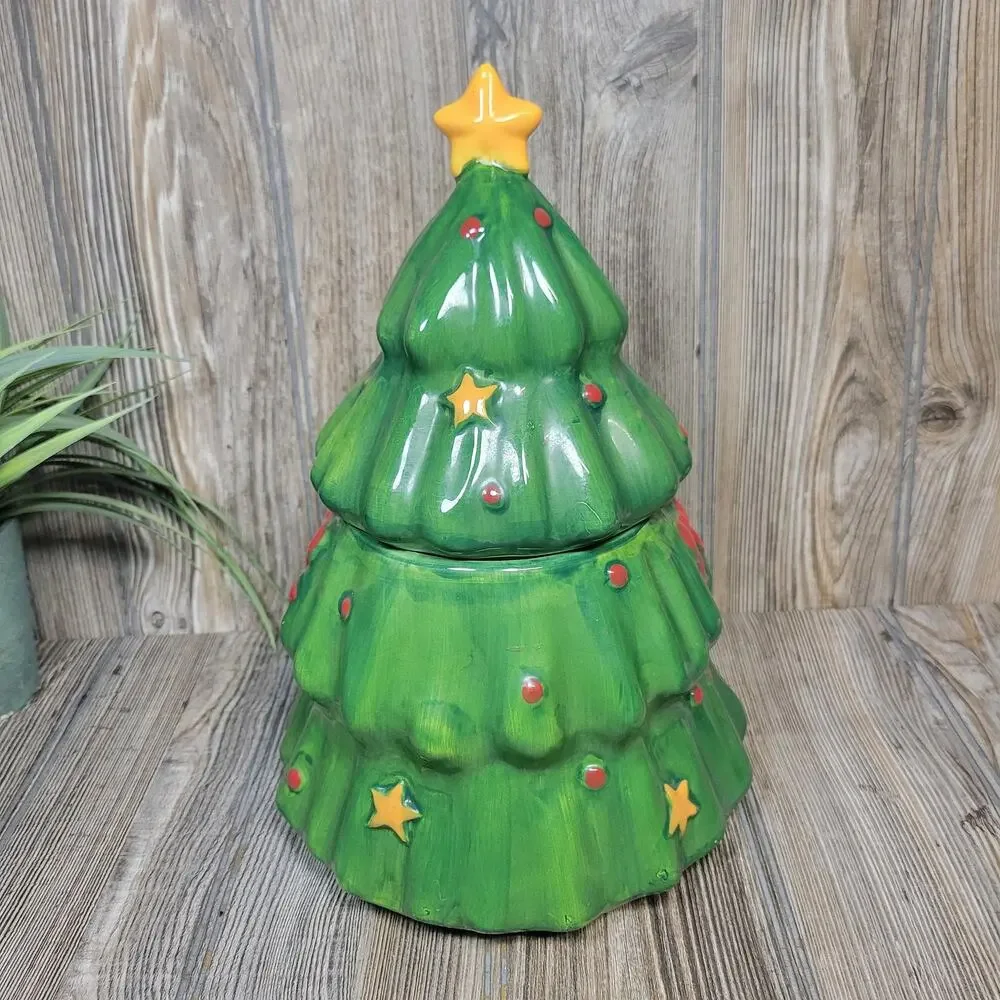 Vintage Ceramic Christmas Tree Cookie Jar Red Bows Green Holiday Canister 11.5